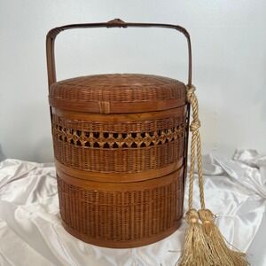 Vintage Asian Style Woven‎ Bamboo Basket with Handle and Tassels